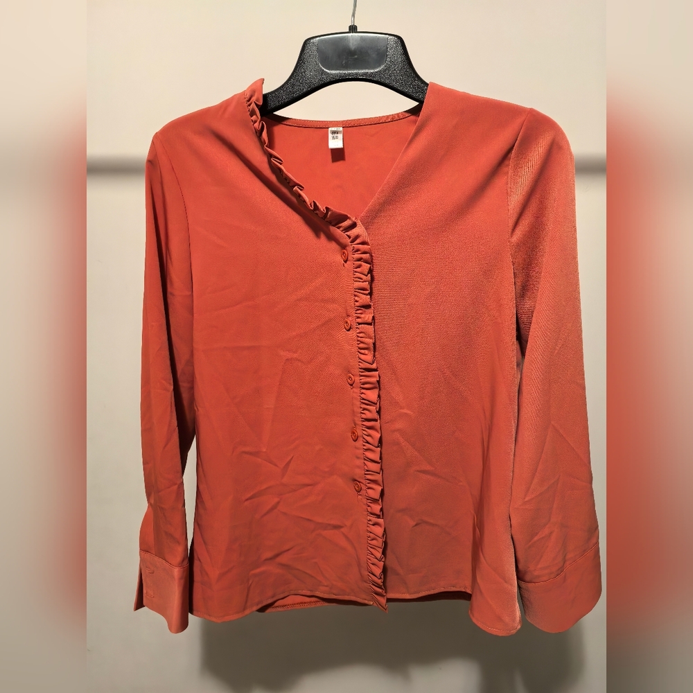 Womens Ruffle-Trim Button Front Top - Rust